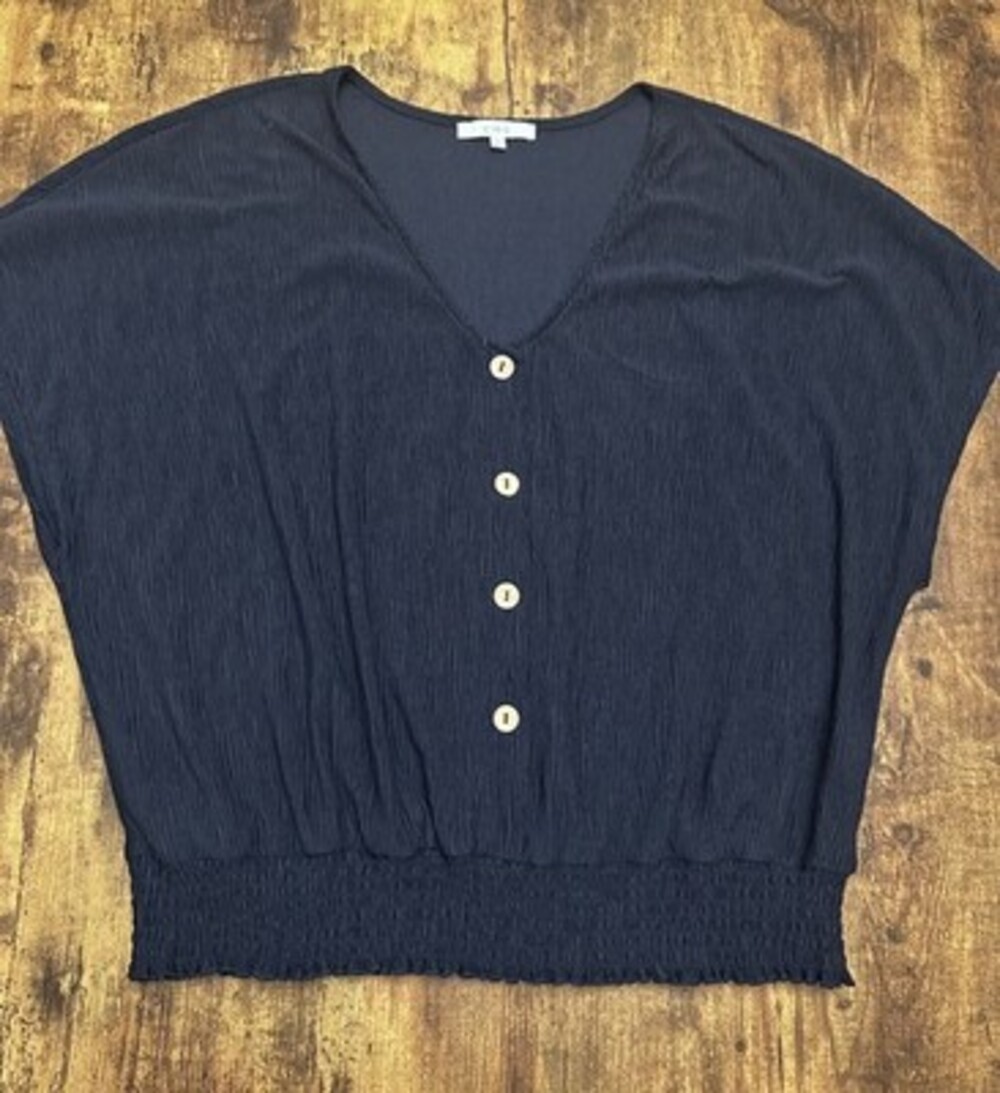 Cleo Navy Blue Plissé Textured V-Neck Blouse with Smocked Waist